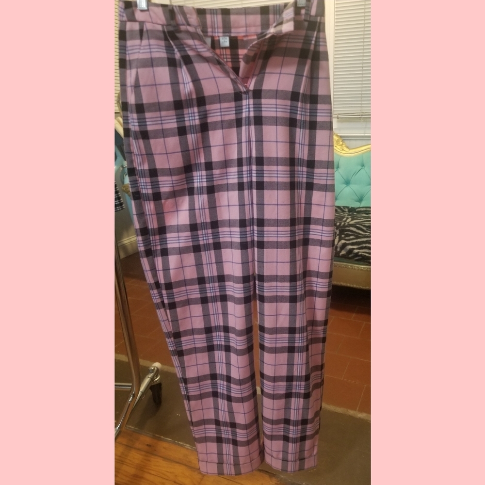 Pink plaid high waisted pants